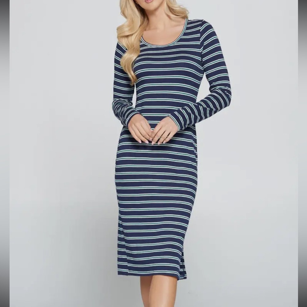 New bodycon jersey dress, green blue striped preppy sizes S M L